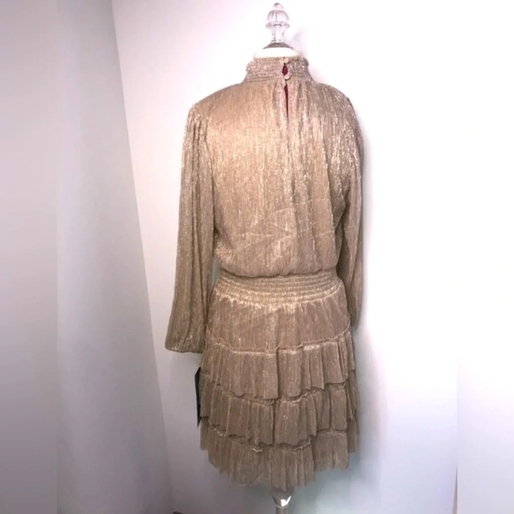 Sam & Jess Semi-Sheer Tiered Ruffle Mock turtleneck Dress Shimmer Gold S…